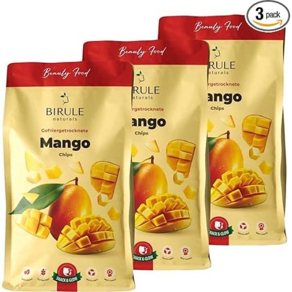 BIRULE naturals Freeze-Dried Mango (3 x 120 g) 360 g | Dried Mango Chips | 100% Pure Fruit without Added Sugar | Ideal Snack for Travel, Gift, Candy Replacement