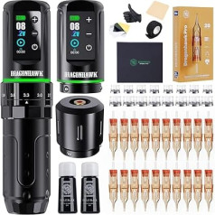 Dragonhawk L3 Tattoo Machine Set, Wireless Rotary Tattoo Gun, Tattoo Devices, Complete Kit, 7 Strokes Length, 2 x Batteries, 2000 mAh Battery, RCA Connect, Tattoo Needles for Beginners (KIT)