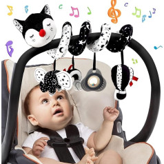 Pram Toy, Baby Activity Spiral Toy with Music, Hanging Plush Black White Contrast Toy for Cot / Car Seat, Newborn Gift for 0 3 6 12 Months