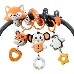TUMAMA Contrast Black White Baby Pram Spiral Toy from 0 3 6 9 Months, Fox Activity Spiral Baby Toy for Car Seat, Plush Toy Car Hanging Toy Baby Back Seat with Rattles Teething Ring