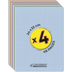 Conquérant, Set of 4 Classic Pastel Notebooks 24 x 32 cm 48 Pages Large Pages Squared Seyès Plaid Stapled Polypropylene Cover Pastel Green Purple Apricot Blue