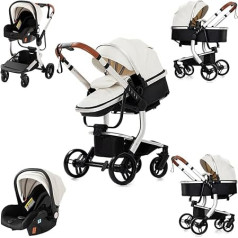Prokoke PU Leather Pushchair 3-in-1, Pram Set, One Click Foldable, Combination Pram, 3-in-1 Reversible Two-Way Push, Buggy Frame, Aluminium Alloy Baby, Toddler, Newborn (White 518)