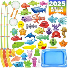 CozyBomB Magnetic Fishing Toys Set for Kids Bathing, Pool Party with Pole Net, Plastic Floating Fish - Toddler Education, Lessons and Learning, Ocean, Sea Animals (X-Large)