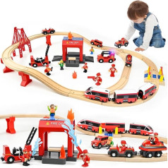Ulikey Wooden Train Set Children, 58-Piece Wooden Railway Railway Rails and Train Toy, Model Railway Set with Electric Locomotive and Fire Brigade, Toy Train Set Gift for Boys and Girls
