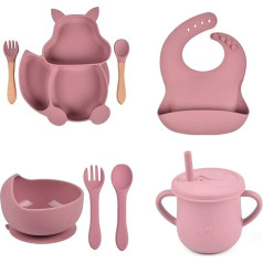 SONARIN Baby Crockery Set, 8 Pieces Silicone Children's Plate Sets with Suction Cup Cup Fork Spoon Bib Non-Slip Baby Plate BPA Free Children's Tableware for Baby Toddlers (Pink)