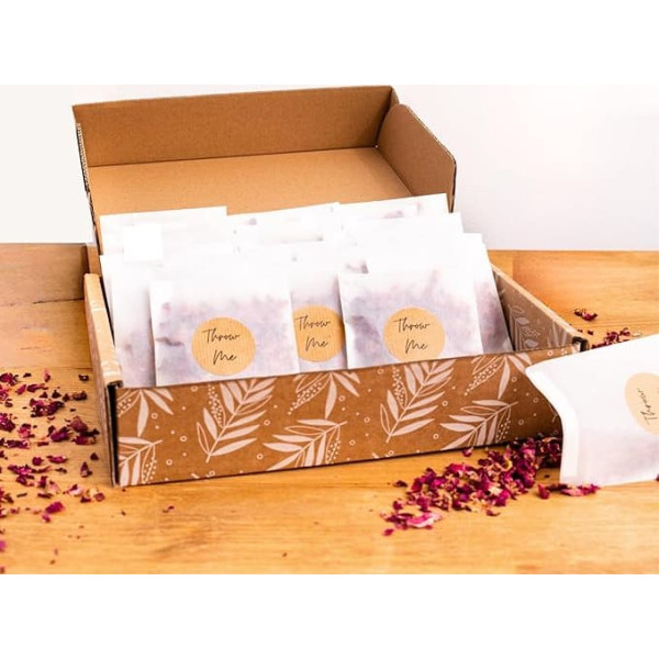 Konfetti Kit 100 Gäste | Natürliches biologisch abbaubares Konfetti Hochzeit | 100 Pergaminbeutel, Aufkleber & Displaybox | Getrocknetes Blumen-Konfetti: Rosenblätter und Blumenmischung | Eco