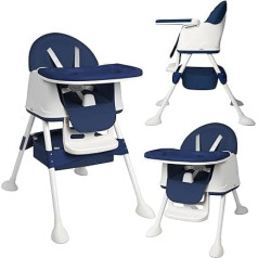High Chair Baby 3 in 1 Children's High Chair Table Seat Adjustable with Double Tray, Wheels and Basket Children's Chair Baby High Chair from 6 Months, Blue