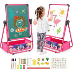 Kids Easel Iron Double Sided Whiteboard and Blackboard with Storage Bag and Stickers, Foldable Drawing Board, Height Adjustable, Metal Chalkboard for Boys and Girls