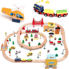 Brolteja Rails Car Toy, 108 Pieces City Train Set for Children, Expandable Wooden Railway Set, Electric Railway Children, Railway Train Toy with Train Track and 4 Train Carriages