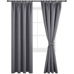‎Dwcn DWCN Blackout Curtains with Ruffle Tape and Tie Backs, Opaque, Thermal, Cold Protection, Heat Insulating Curtains for Living Room, Bedroom, Set of 2, 228 x 117 cm (H x W), Grey