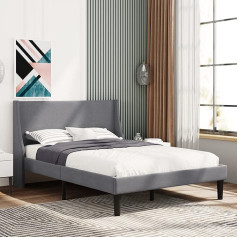 ‎Btm BTM 4ft6 Double Soft Linen Upholstered Bed with Winged Headboard Wooden Slat Support - Grey