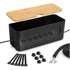 Lannvan Cable Box (Black/Large) Made of ABS Plastic with Bamboo Lid - Cable Organiser Box Includes Accessories for Hiding Cable - Cable Management Box Can Be Hung