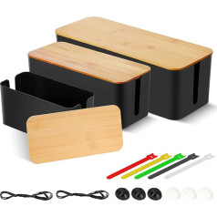 3 Pack Cable Management Box, Wire Organizer Box for Cover and Hide Power Strips and Cables, Wooden Lid, Computer Under Desk, USB Hub System (L+M+S) (Black)