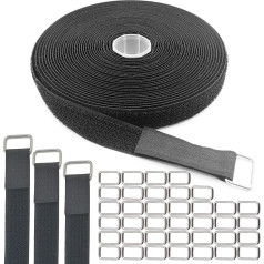 Reusable Velcro Straps with 40 Metal Buckles, 9.8m Wide, Cut to Size Cinch Strap, Black Nylon Securing Cord Ties for Organizer or Storage