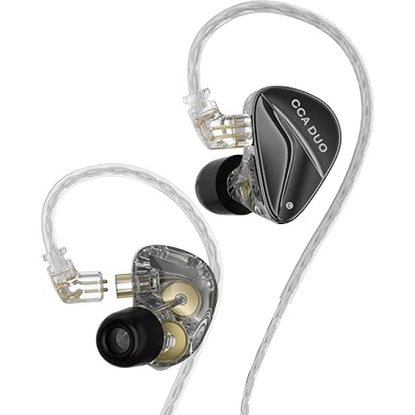 CCA - Duo HiFi in Ear Monitors High Performance Dual Dynamic IEM in Earphones 3D Printed Cavity & Luxury Metal Shell 0.75 mm 2 Pin with Silver-Plated Detachable Cable (without Microphone)