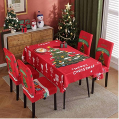 ‎Proumhang Proumhang Christmas tablecloth, chair cover set, 1 tablecloth and 6 chair covers, Christmas dining room set, stretchy, removable, washable, oil-resistant, waterproof protective covers, restaurant
