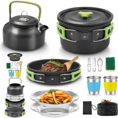 Oushome Camping Cookware, 16 Pieces Camping Tableware Set for 2 People, Portable Camping Cooking Set with Camping Pot Pan Tea Kettle Cup Plate Camping Stove Set for Camping Outdoor Cooking Hiking