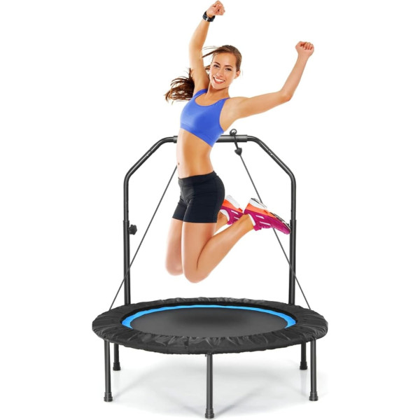 KOMFOTTEU 2-in-1 Fitness Trampoline, Diameter 101 cm, Garden Trampoline with Height-Adjustable Handle and 2 Resistance Bands, Foldable Mini Trampoline up to 150 kg Load Capacity for Indoor Outdoor