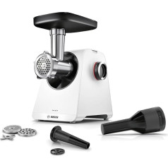 Bosch Meat Mincer Series 4 MFWS420W, Compact, 2 Steps, 2 Perforated Discs (3 & 8 mm), Sausage Plug, Planetary Gear, 1,900 W, White/Black