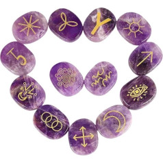 KYEYGWO Amethyst Oval Crystal Rune Stone Set with Engraving Golden Gypsy Symbol, 13 Pieces Gemstone Rune Stones Thumb Stone Pocket Stones for Decoration Meditation Divination