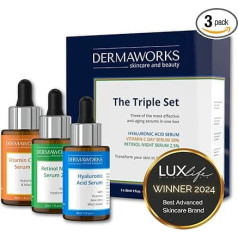 DERMAWORKS Serum Set Vitamin C Serum 20%, Retinol Serum 2.5% and Hyaluronic Acid Serum Skincare Set Anti Wrinkles, Anti Ageing Serum Face Care Set Serum Face for Firm and Radiant Skin
