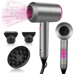 Hair Dryer Ion Hair Dryer 1500 W AC Motor Professional Hair Dryer with 3 Heat Settings, Cold Air Button with 1 Diffuser & 2 Concentrators for Many Hairstyles - Grey