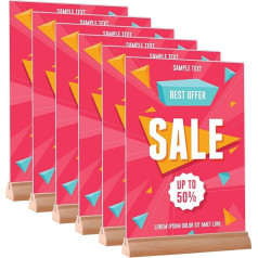 HUAYANG Sign Holder, 6 Pack A5 Display Stands Acrylic Beech Wood Clear Double Sided Poster Holder for Menu Business Office Documents Hotel