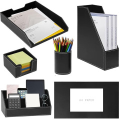 Office Supplies Desk Organizer PU Leather 6 Pieces with Writing Pad, Paper Tray, Magazine Holder, Pen Cup, Letter Sorter, Suitable for Self Use and Gift (Black)