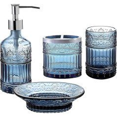 WHOLE HOUSEWARES | Bathroom Set | 4 Piece Bathroom Accessories Set | Soap Dispenser, Tray, Glass, Toothbrush Holder | Mosaic Glass (Blue)