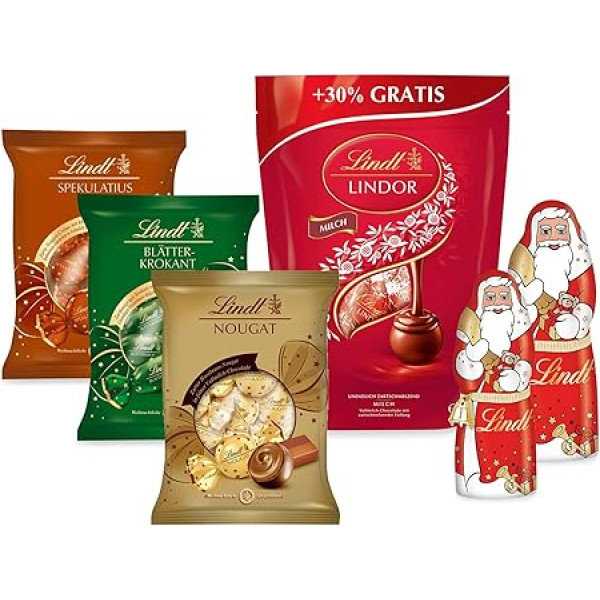 Lindt Chocolate Christmas Set Mix 898 g LINDOR Milk, Santa Claus, Leaf Crocant and Speculatius for Sharing and Gifting