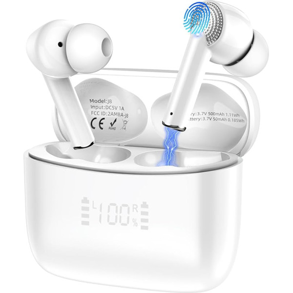 Bluetooth Headphones, Wireless Bluetooth 5.3 In-Ear Headphones with 4 ENC Mic, Wireless Headphones Deep Bass Wireless Earbuds 40 Hours, IP7 Waterproof Earphones LED Display/USB-C (White)