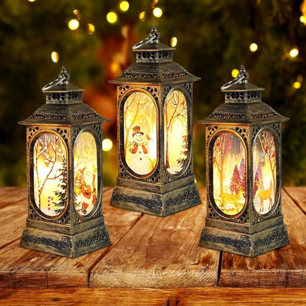 Christmas Lantern, 3 Pack Christmas Decoration Lights, Vintage Christmas Candle, LED Wind Lantern with Santa Claus, Elk, Snowman, Pattern Decoration, Christmas Lanterns for Christmas