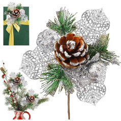 ZoneYan Artificial Berries, 4 Pieces Artificial Pine Branches, Christmas Cuttings with Berries and Pine Cones, Christmas Berry Stems, Perfect for Christmas Trees, Gift Boxes and Wreath Designs