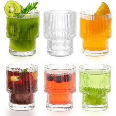 HIGSPE 200 ml Ribbed Glasses, Set of 6 Ribbed Drinking Glasses, Stackable Ripple Glasses, Vintage Origami Style Glass Cups, Water Glasses for Cocktails, Whiskey, Tea, Soda, Coffee