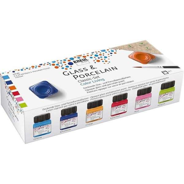 KREUL Glass & Porcelain 16604 Classic Set Color Living, 6 x 20 ml Paint and a Brush, Cheerful and Brilliant Glass and Porcelain Water-Based Paints