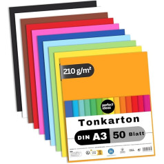 perfect ideaz DIN A3 Coloured Construction Paper / Craft Paper, Dyed-Through Sheets, 10 Different Colours, 210 g/m², Card Stock, Drawing Card for Crafts, Set of Coloured Sheets for DIY Needs, 50 Sheets