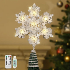 Lewondr Christmas Snowflakes Tree Topper, 13 Inch Xmas Tree Topper with LED Light Beads, 3D Snowflakes Treetop USB & Remote Control, Christmas Tree Decoration for Home Party, Silver