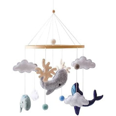 Sarah Duke Mobile Baby Wind Chimes with Felt Balls Sea Animals 3D Clouds Mobile Baby Wooden Baby Bed Whale Mobile Baby Newborn Boys Girls Pendant