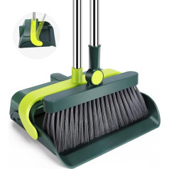 HEVOL Broom with Handle, Upright Broom and Dustpan Set with Comb, 180 Degree Rotatable Sweeping Broom with Rubber Lip, Long Handle Dustpan Set for Household Cleaning, Floor Cleaning - Green