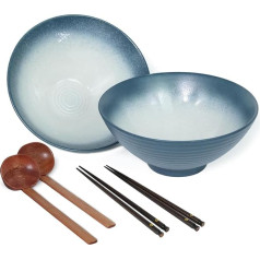 Ramen Bowl Set 1000 ml Ceramic Japanese Ramen Bowl with Chopsticks and Spoon, Asian Style Porcelain Tableware Soup Bowl Instant Ramen Bowl Soup Bowls Salad Bowl Blue