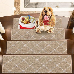 BEQHAUSE Non-Slip Stair Mats for Wooden Steps, Machine Washable, Polyester, Soft, 70 x 22 cm, Beige Stair Mat, Safety Edging Stair Rugs for Dogs, Elderly and Kids, 4