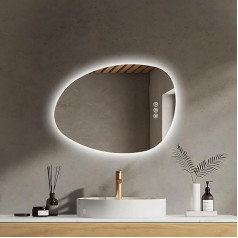 EMKE Bathroom Mirror with Lighting, Asymmetrical LED Mirror with Lighting, 65 x 45 cm, Touch Switch, 3 Light Colours, Dimmable, Anti-Fog Bathroom Mirror with Lighting, IP44, Energy Saving