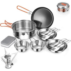 Odoland Camping Tableware Set, Stainless Steel Non-Stick Camping Pots and Pans Set with Bowl and Stove for Camping, Backpacking, Outdoor Cooking, 15 Pieces