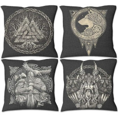 QVOOD Set of 4 Viking Odin Wolf Cushion Covers, Linen Cushion Covers, Decorative Cushion Covers, Sofa Cushion Cover, Lounge Cushion Cover for Sofa, Couch, Car, Bedroom, Home Decor, White, 45 x 45 cm