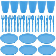 30 Piece Picnic Set with Plate Drinking Cup Cutlery Tableware Set Plastic Reusable Dishwasher Safe (Blue)