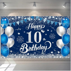 Happy 10th Birthday Banner, 4x6ft Happy 10th Birthday Backdrop Banner Blue Silver 10th Birthday Decorations for Boys Girls 10 Years Old Birthday Anniversary Party Supplies