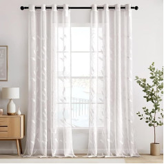 EMEMA Voile Curtain Living Room with Eyelets Transparent Leaves Pattern Beautiful Embroidery Curtains Window Curtain Set of 2 Modern Bedroom Curtains Each H 260 x W 140 cm Leaves White