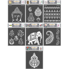 CrafTreat Reusable Indian Stencils for Painting on Wood, Paper and Floor - Indian Theme Pack - 7 Pieces - 6 x 6 Inch - DIY Art and Craft Stencils - Indian Decor Stencils