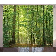 ABAKUHAUS Forest Rustic Curtain, Leaves Forest Summer, Bedroom Ruffle Tape Curtain with Loops and Hooks, 280 x 260 cm, Green Brown