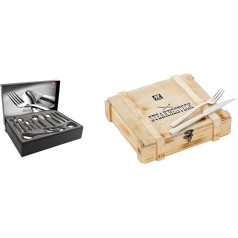 ZWILLING 07145-338-0 Nottingham Stainless Steel Cutlery Set, 68-Piece & 07150-359-0 Steak Cutlery Set in Rustic Wooden Box, Stainless Steel, 12-Piece
